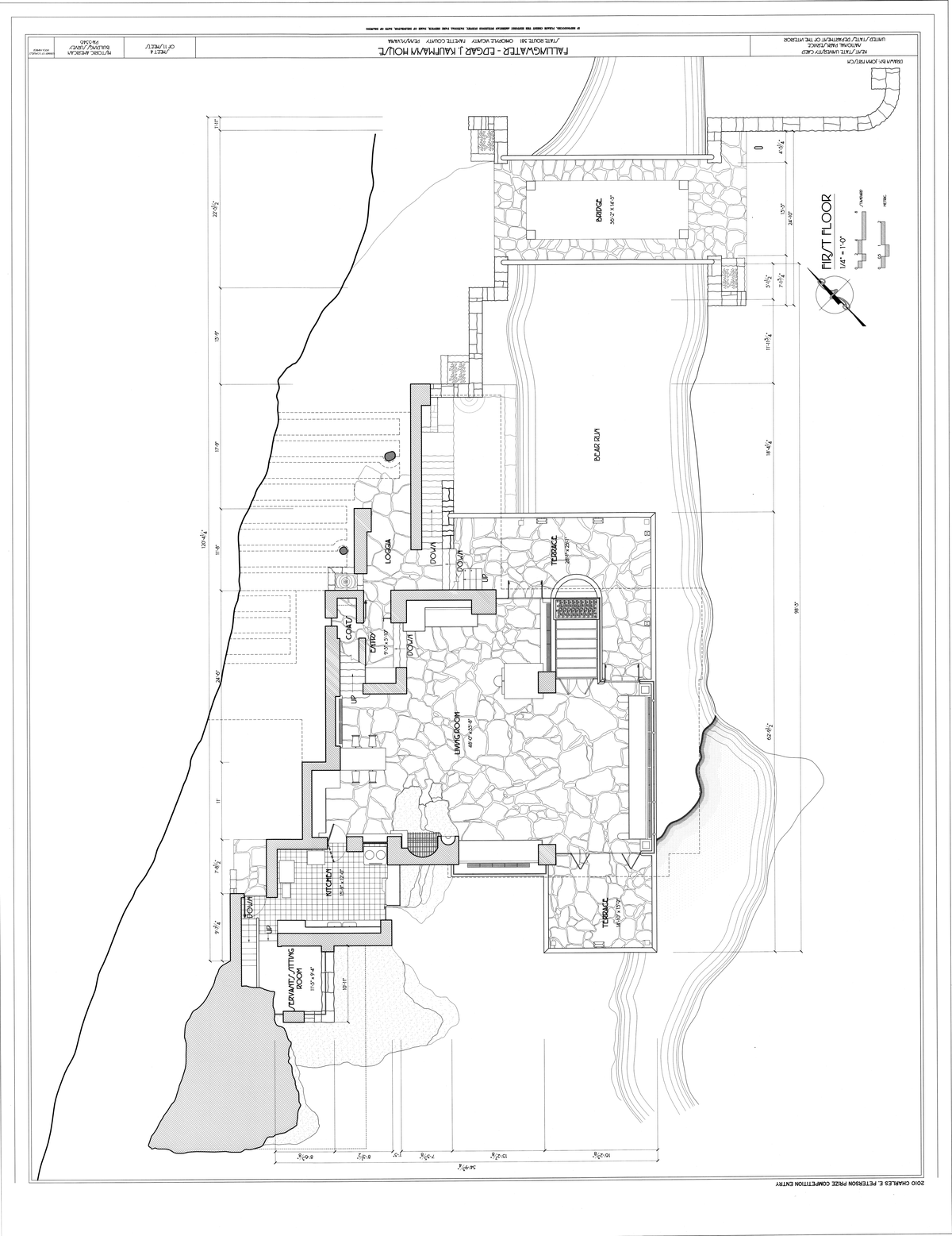 Denah lantai pertama Fallingwater. Dokumentasi survei HABS PA-5346, lembar 4 dari 11; dibuat pada 2010 menurut katalog Library of Congress. Dokumen survei ini bukan denah rancangan asli tahun 1937.